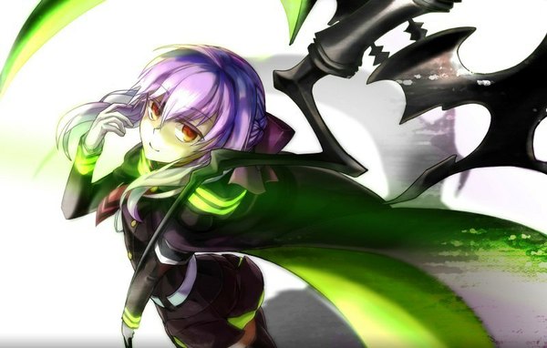 Anime picture 800x510 with owari no seraph wit studio hiiragi shinoa looking at viewer blonde hair white background brown eyes purple hair multicolored hair light smile from above two-tone hair girl skirt gloves bow weapon hair bow miniskirt white gloves