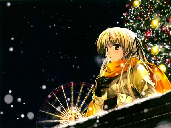 Anime picture 1024x768 with gunslinger girl madhouse triela single long hair blonde hair twintails black eyes night snowing christmas winter snow girl gloves scarf christmas tree bauble