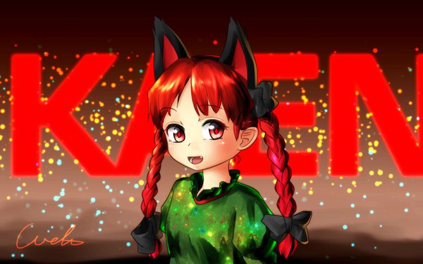 Anime picture 1440x900 with touhou kaenbyou rin welt (kinsei koutenkyoku) single long hair looking at viewer fringe open mouth red eyes signed animal ears braid (braids) :d cat ears cat girl puffy sleeves twin braids extra ears girl dress