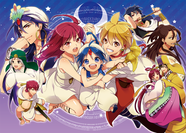 Anime picture 1500x1070 with magi the labyrinth of magic a-1 pictures morgiana judal aladdin (magi) ali baba saluja ja'far (magi) sinbad (magi) ren kougyoku masrur kassim ka koubun matsuosu long hair short hair open mouth blonde hair brown hair brown eyes blue hair