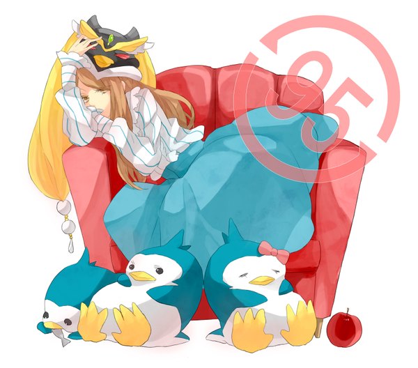 Anime picture 1679x1480 with mawaru penguindrum takakura himari penguin 3-gou penguin 1-gou penguin 2-gou gomi chiri long hair simple background brown hair white background reclining sad girl dress hat armchair apple penguin