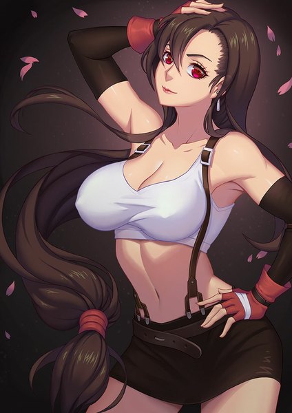 Anime picture 800x1132 with final fantasy final fantasy vii square enix tifa lockhart hayate (leaf98k) tall image looking at viewer fringe breasts light erotic black hair red eyes large breasts very long hair bare belly midriff hand on hip eyebrows girl skirt