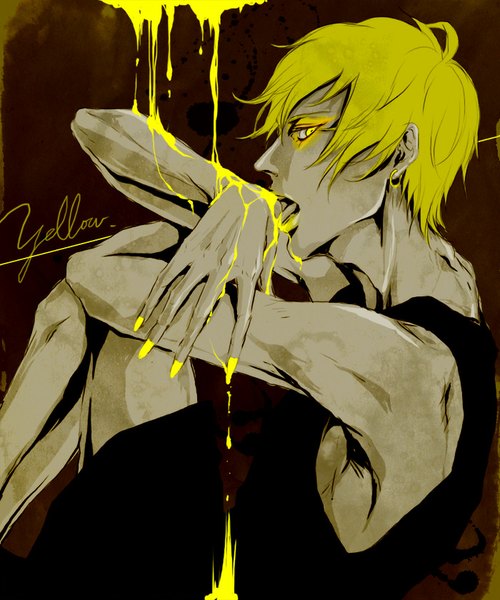 Anime picture 700x840 with kuroko no basket production i.g kise ryouta ist single tall image looking at viewer fringe short hair open mouth nail polish fingernails armpit (armpits) eyebrows muscle licking boy earrings paint