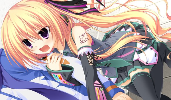 Anime picture 1024x600 with sora to kumo to kimi no koi long hair blush open mouth blonde hair wide image purple eyes twintails game cg cosplay hatsune miku (cosplay) girl thighhighs skirt ribbon (ribbons) black thighhighs hair ribbon detached sleeves miniskirt headphones