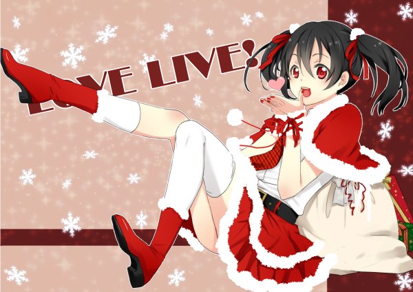 Anime picture 1200x848 with love live! school idol project sunrise (studio) love live! yazawa nico milk w1022 long hair open mouth black hair red eyes twintails full body legs girl thighhighs skirt ribbon (ribbons) hair ribbon miniskirt white thighhighs boots