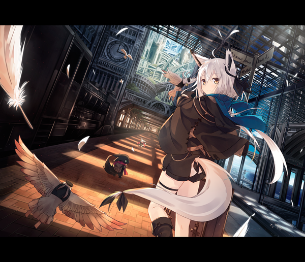 Anime picture 2033x1750 with original nagishiro mito long hair looking at viewer fringe highres hair between eyes animal ears yellow eyes silver hair tail animal tail looking back arm up light smile from behind sunlight wide sleeves bare legs dutch angle