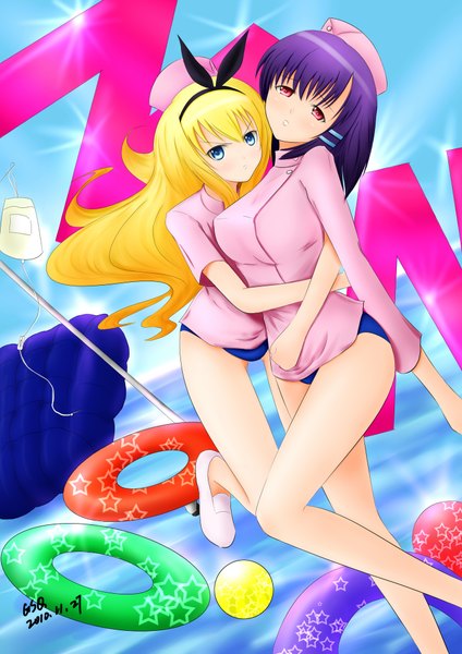 Anime picture 2800x3960 with mm! xebec isurugi mio yuuno arashiko gsq long hair tall image highres short hair blue eyes light erotic blonde hair red eyes multiple girls purple hair legs hug nurse girl bow