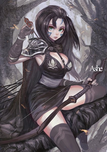 Anime picture 778x1100 with league of legends ashe (league of legends) canking single long hair tall image looking at viewer black hair green eyes face paint tree sitting girl thighhighs gloves weapon black thighhighs plant (plants) tree (trees) fingerless gloves bow (weapon)