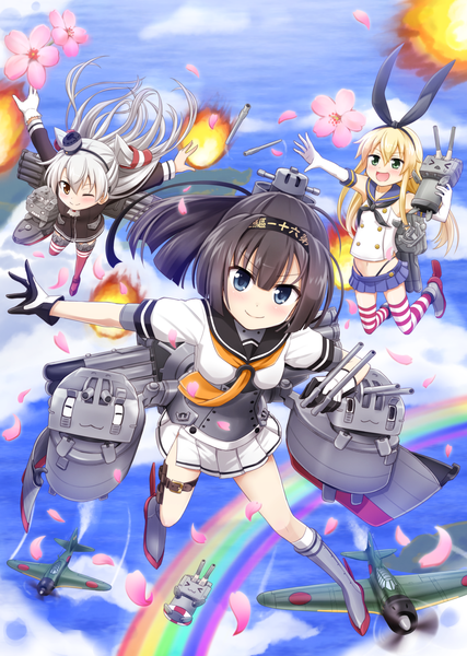 Anime picture 1020x1434 with kantai collection shimakaze destroyer rensouhou-chan amatsukaze destroyer rensouhou-kun akizuki destroyer chou-10cm-hou-chan nichika (nitikapo) long hair tall image looking at viewer fringe open mouth blue eyes blonde hair smile multiple girls holding cloud (clouds) white hair