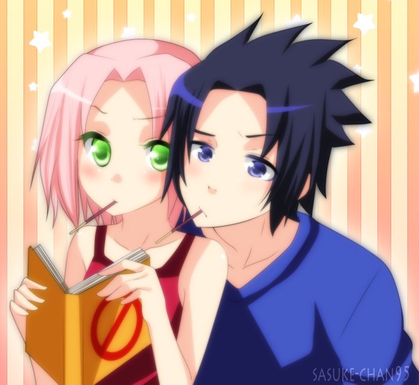 Anime picture 1000x921 with naruto studio pierrot naruto (series) uchiha sasuke haruno sakura sasuke-chan95 blush short hair black hair purple eyes green eyes pink hair mouth hold striped striped background girl boy food sweets star (symbol)