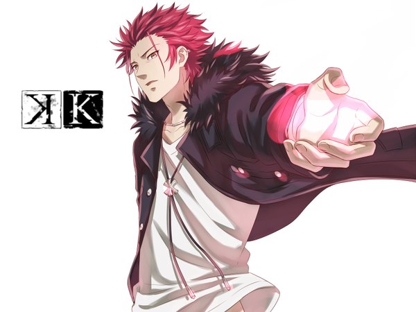 Anime picture 1600x1200 with k-project pixiv gohands (studio) mikoto suoh zoff (daria) single looking at viewer short hair white background brown eyes red hair open clothes open jacket piercing boy earrings jewelry necklace