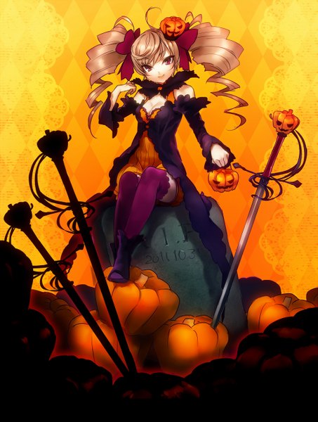Anime picture 1000x1323 with original tamachi kuwa single long hair tall image looking at viewer blonde hair smile sitting twintails cleavage pink eyes drill hair halloween rhombus orange background girl thighhighs sword vegetables