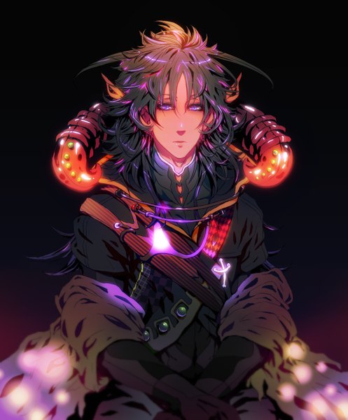 Anime picture 1150x1388 with original sukichi single long hair tall image black hair purple eyes multicolored hair pointy ears glowing black background boy gloves