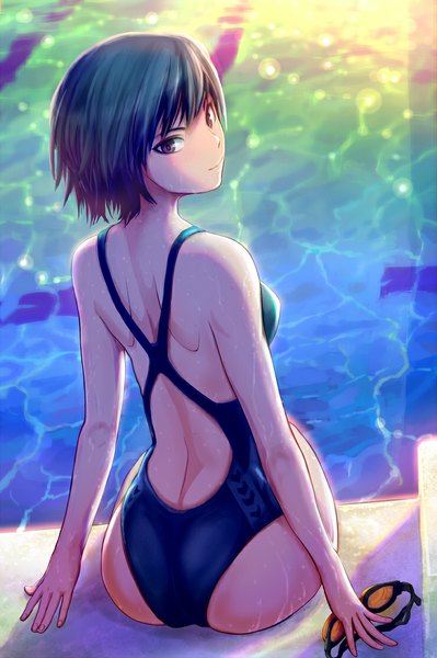 Anime picture 740x1113 with amagami nanasaki ai haitaka single tall image looking at viewer fringe short hair light erotic sitting purple eyes ass looking back light smile from behind wet back girl swimsuit goggles