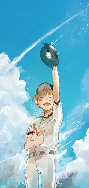 Anime picture 500x1056 with ookiku furikabutte a-1 pictures mihashi ren fly (marguerite) single tall image blush short hair blonde hair sky cloud (clouds) eyes closed baseball boy baseball cap baseball uniform baseball (ball)