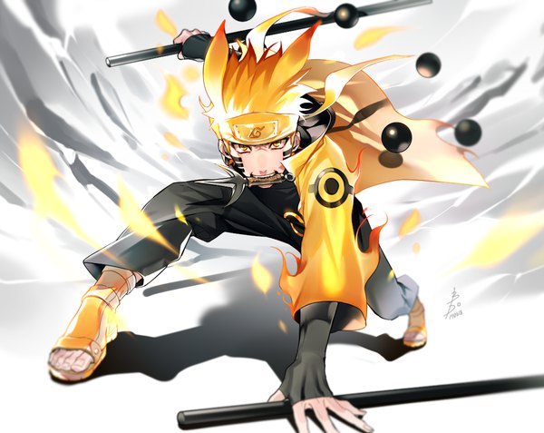 Anime picture 1150x915 with naruto studio pierrot naruto (series) uzumaki naruto bido single looking at viewer short hair blonde hair holding signed yellow eyes arm support shadow mouth hold glowing fighting stance dual wielding jinchuriki boy