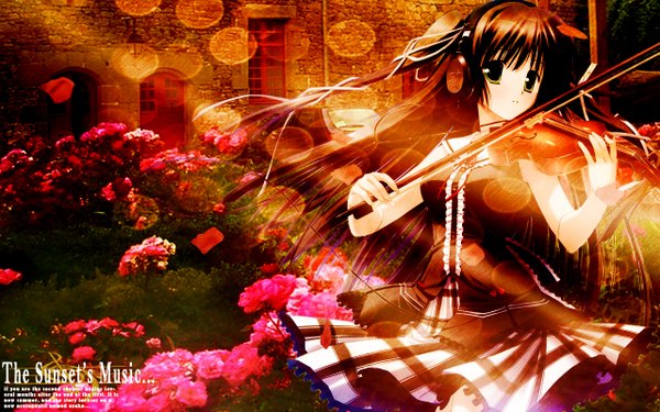 Anime picture 1280x800 with black hair wide image yellow eyes photo background girl flower (flowers) headphones musical instrument violin bow (instrument)