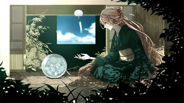 Anime picture 1280x720 with vocaloid ia (vocaloid) rakeru single blush fringe open mouth wide image pink hair braid (braids) very long hair traditional clothes japanese clothes profile aqua eyes alternate costume alternate hairstyle pale skin girl plant (plants)