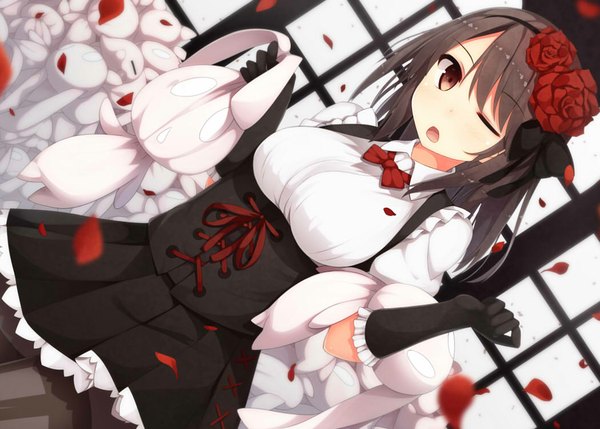 Anime picture 1050x752 with original samegami single long hair looking at viewer open mouth black hair brown eyes one eye closed hair flower wink girl dress gloves hair ornament flower (flowers) petals black gloves toy stuffed animal