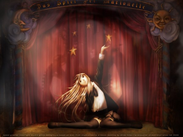 Anime picture 1600x1200 with speed grapher tennouzu kagura long hair blonde hair sitting outstretched arm theater girl thighhighs uniform school uniform star (symbol) curtains scene