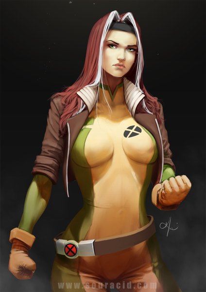 Anime picture 666x942 with x-men marvel comics rogue (x-men) souracid (artist) single long hair tall image looking at viewer breasts simple background brown hair large breasts standing green eyes signed white hair multicolored hair realistic open clothes open jacket