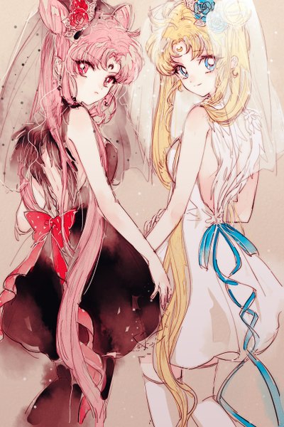 Anime picture 822x1234 with bishoujo senshi sailor moon toei animation tsukino usagi chibiusa princess serenity black lady ahma long hair tall image looking at viewer blue eyes simple background blonde hair smile red eyes twintails bare shoulders multiple girls pink hair bent knee (knees)