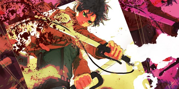 Anime picture 1400x700 with shingeki no kyojin production i.g eren yaeger luke (artist) single short hair brown hair wide image holding green eyes signed dual wielding boy weapon sword belt blood wire (wires)