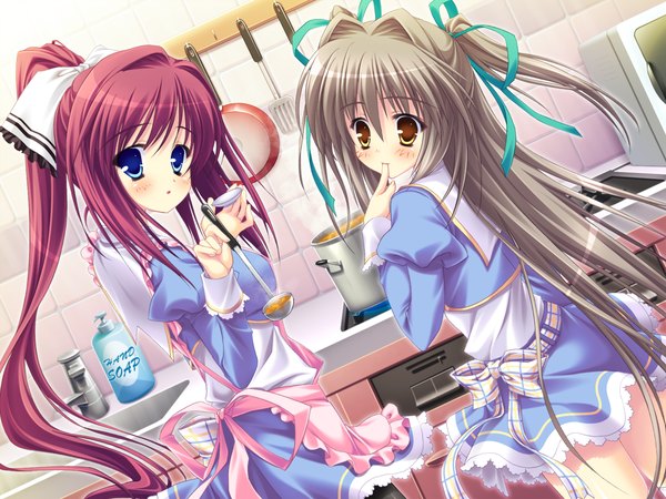 Anime picture 1600x1200 with can fes! aigusa mari toyohime minori hinamatsuri touko blue eyes brown hair multiple girls yellow eyes game cg red hair cooking girl 2 girls