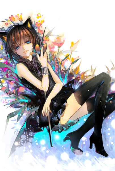 Anime picture 1181x1748 with original kokoro x single tall image looking at viewer short hair open mouth blue eyes brown hair animal ears high heels upskirt girl dress flower (flowers) bracelet black dress cross