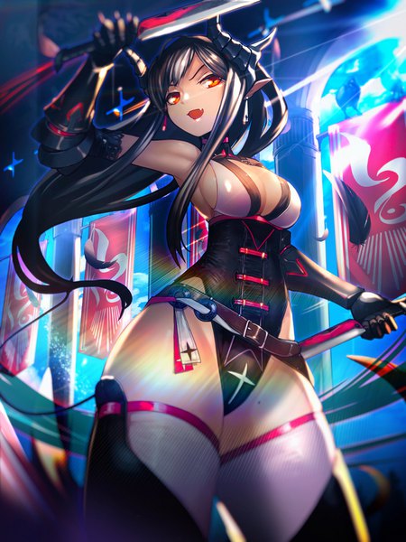 Anime picture 650x867 with original btraphen single long hair tall image breasts open mouth light erotic black hair holding cleavage :d horn (horns) pointy ears from below orange eyes fang (fangs) thighs floating hair dual wielding