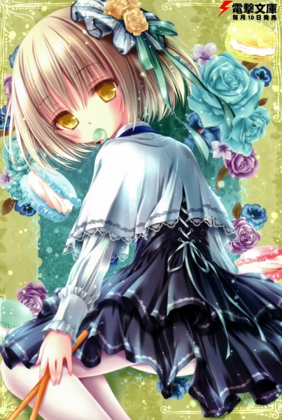 Anime picture 2436x3629 with tinker bell single tall image looking at viewer blush highres short hair light erotic blonde hair holding yellow eyes scan mouth hold lolicon girl dress hair ornament flower (flowers) ribbon (ribbons) petals