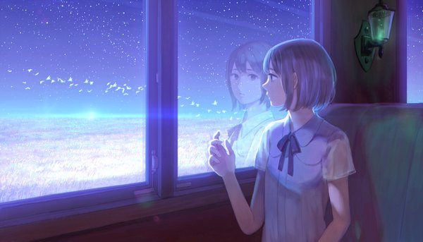 Anime picture 1000x573 with original hiko (scape) single fringe short hair blonde hair wide image sitting brown eyes looking away upper body indoors profile arm up night shadow short sleeves night sky lens flare reflection