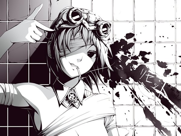 Anime picture 1000x750 with vocaloid gumi torigoe takumi single short hair smile white hair light smile black eyes inscription monochrome smoking bandage over one eye finger gun bang girl headphones blood bandage (bandages) goggles