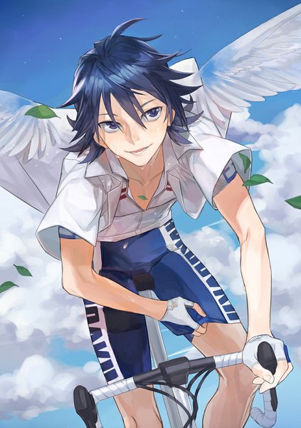 Anime picture 650x922 with yowamushi pedal sangaku manami inkerpape single tall image looking at viewer fringe short hair blue eyes blue hair looking away sky cloud (clouds) fingernails wind open clothes sweat open shirt happy sweatdrop