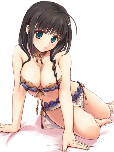 Anime picture 1200x1600 with dungeon travelers 2 melvy de florencia tori@gununu single long hair tall image looking at viewer breasts open mouth blue eyes light erotic black hair bare shoulders cleavage barefoot girl