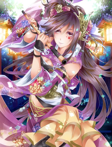Anime picture 1530x2000 with original tyouya single long hair tall image looking at viewer purple eyes purple hair light smile girl dress hair ornament detached sleeves petals musical instrument flute