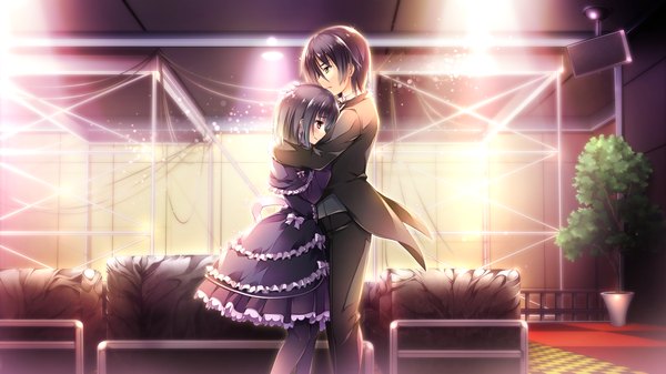 Anime picture 1920x1080 with ojousama wa gokigen naname highres short hair black hair red eyes wide image brown eyes game cg couple hug girl dress boy