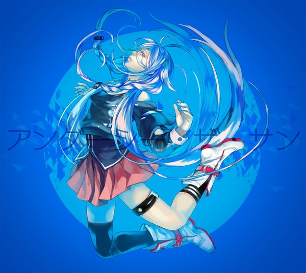 Anime picture 1000x896 with vocaloid ia (vocaloid) kyo 8sun single looking at viewer blue eyes simple background bare shoulders blue hair braid (braids) very long hair profile pleated skirt inscription legs hieroglyph arched back girl thighhighs skirt