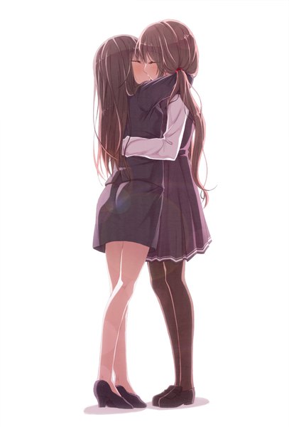 Anime picture 679x1000 with original kago no tori long hair tall image light erotic simple background brown hair standing white background multiple girls full body eyes closed hug lens flare side ponytail low ponytail shoujo ai kiss girl skirt