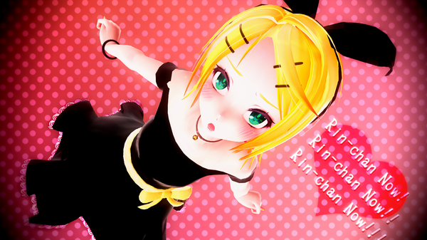 Anime picture 1280x720 with vocaloid kagamine rin single looking at viewer blush short hair open mouth wide image bare shoulders green eyes inscription pink background girl dress hair ornament bow hair bow bracelet heart hairclip