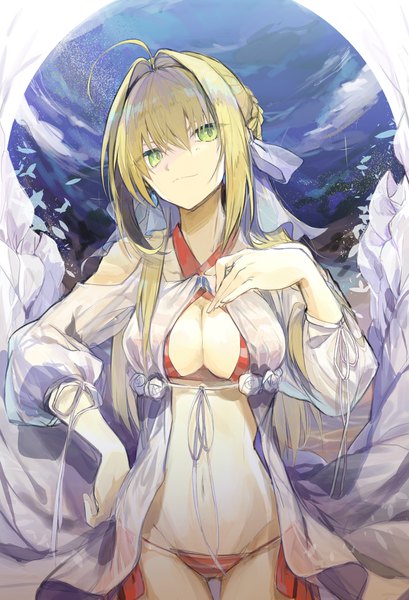 Anime picture 1500x2200 with fate (series) fate/grand order nero claudius (fate) (all) nero claudius (swimsuit caster) (fate) ezu (e104mjd) single long hair tall image fringe breasts light erotic blonde hair smile hair between eyes large breasts green eyes payot sky ahoge hand on hip
