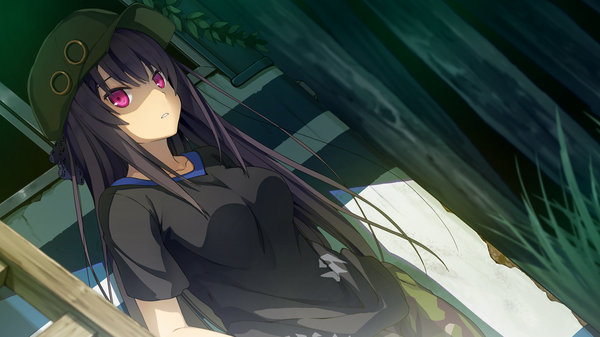 Anime picture 1280x720 with ao no kanata no four rhythm sprite (company) tobisawa misaki akinashi yuu single long hair looking at viewer fringe black hair wide image purple eyes game cg outdoors hands in pockets girl bow plant (plants) hair bow grass t-shirt