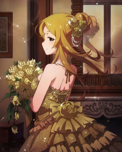 Anime picture 640x800 with idolmaster idolmaster million live! shinomiya karen single long hair tall image blush blue eyes blonde hair smile bare shoulders holding indoors profile looking back hair flower from behind official art sparkle hair bun (hair buns)