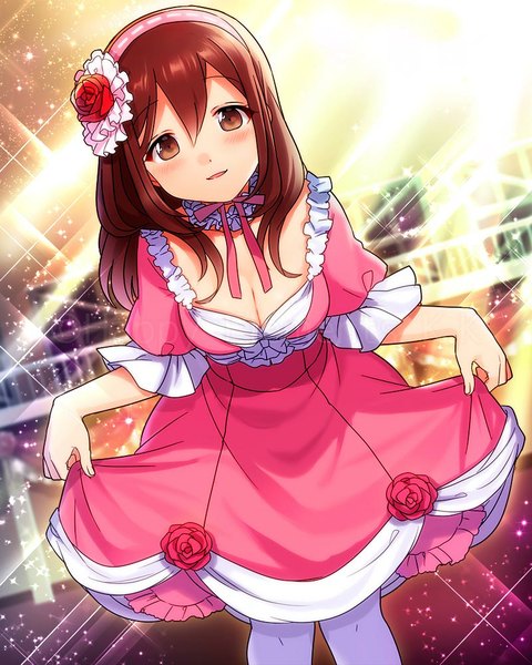 Anime picture 800x1000 with original ensemble girls (artist) single long hair tall image blush brown hair brown eyes girl dress flower (flowers) hairband