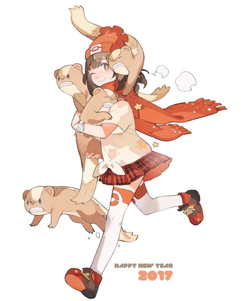 Anime picture 700x876 with pokemon pokemon sm nintendo selene (pokemon) yungoos star shadow magician tall image looking at viewer fringe short hair simple background smile brown hair white background brown eyes full body one eye closed new year running happy new year