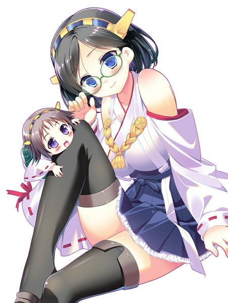 Anime picture 676x900 with kantai collection kirishima battleship hiei battleship pikazo (artist) tall image blush short hair open mouth blue eyes black hair simple background smile white background purple eyes multiple girls traditional clothes pleated skirt chibi nontraditional miko girl
