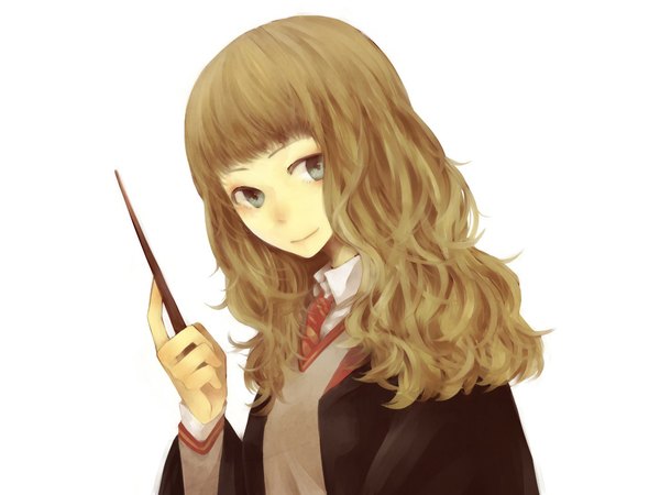 Anime picture 1024x768 with harry potter hermione granger single blue eyes simple background smile brown hair white background light smile girl uniform school uniform necktie mantle wand