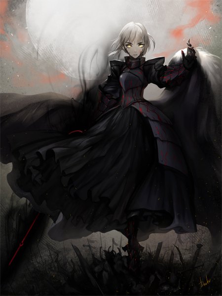 Anime picture 900x1200 with fate (series) fate/stay night fate/zero studio deen type-moon artoria pendragon (all) saber alter danhu single tall image looking at viewer fringe short hair blonde hair signed yellow eyes girl dress weapon sword