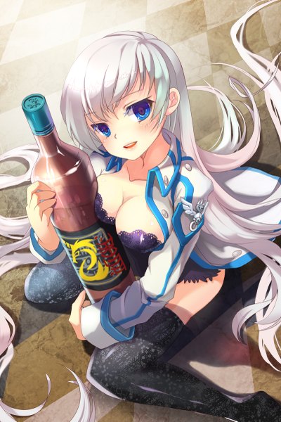 Anime picture 800x1201 with sword girls sigma (sword girls) mintchoco (orange shabette) single long hair tall image looking at viewer blush fringe breasts open mouth blue eyes light erotic smile large breasts sitting holding cleavage white hair lips