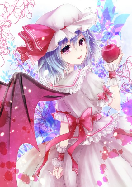 Anime picture 992x1403 with touhou remilia scarlet nunucco single tall image short hair open mouth looking away purple hair pink eyes bat wings animal eyes girl wings bonnet fruit apple
